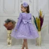 Kız Çocuk Lila Boncuklu Payetli Kabarık Elbise Uzun Kol