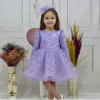 Kız Çocuk Lila Boncuklu Payetli Kabarık Elbise Uzun Kol