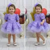 Kız Çocuk Lila Boncuklu Payetli Kısa Kol Kabarık Elbise