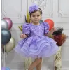 Kız Çocuk Lila Boncuklu Payetli Kısa Kol Kabarık Elbise