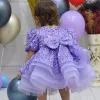Kız Çocuk Lila Boncuklu Payetli Kısa Kol Kabarık Elbise