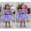 Kız Çocuk Lila Boncuklu Payetli Kısa Kol Kabarık Elbise