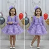 Kız Çocuk Lila Boncuklu Payetli Yakası Taş İşlemeli Dekolteli Kabarık Elbise
