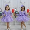 Kız Çocuk Lila Boncuklu Payetli Yakası Taş İşlemeli Dekolteli Kabarık Elbise