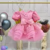 Kız Çocuk Pembe Boncuklu Payetli Kabarık Kısa Balon Kol Elbise