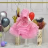 Kız Çocuk Pembe Boncuklu Payetli Kabarık Kısa Balon Kol Elbise