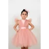 Kız Çocuk Çapraz Büzgülü Fırfır Kollu Kabarık Parıltılı Elbise
