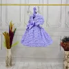 Kız Çocuk Lila Gül Desenli Kısa Balon Kol Arka V Kabarık Elbise