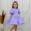 Kız Çocuk Lila Gül Desenli Kısa Balon Kol Arka V Kabarık Elbise