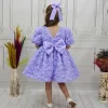 Kız Çocuk Lila Gül Desenli Kısa Balon Kol Arka V Kabarık Elbise