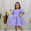 Kız Çocuk Lila Gül Desenli Kısa Balon Kol Arka V Kabarık Elbise