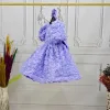 Kız Çocuk Lila Gül Desenli Kısa Balon Kol Arka V Kabarık Elbise