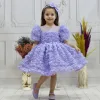 Kız Çocuk Lila Gül Desenli Kısa Balon Kol Kabarık Elbise