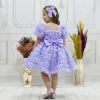 Kız Çocuk Lila Gül Desenli Kısa Balon Kol Kabarık Elbise