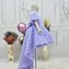 Kız Çocuk Lila Gül Desenli Kuyruklu Kısa Balon Kol Ön Şeffaf Elbise Abiye