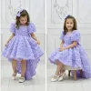 Kız Çocuk Lila Gül Desenli Kuyruklu Kısa Balon Kol Ön Şeffaf Elbise Abiye