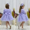 Kız Çocuk Lila Gül Desenli Uzun Kol Kabarık Elbise