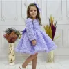 Kız Çocuk Lila Gül Desenli Uzun Kol Kabarık Elbise