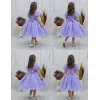 Kız Çocuk Lila Gül Desenli ve Boncuklu Kısa Balon Kol
