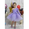 Kız Çocuk Lila Taşlı Boncuklu Tek Omuz Kabarık Elbise