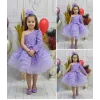 Kız Çocuk Lila Taşlı Boncuklu Tek Omuz Kabarık Elbise