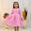 Kız Çocuk Pembe Bisiklet Yaka Gül Detaylı Kabarık Elbise