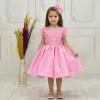 Kız Çocuk Pembe Boncuklu Kabarık Elbise Abiye Gelinlik