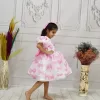 Kız Çocuk Pembe Fiyonk Deseenli Kabarık Elbise Abiye Gelinlik