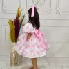 Kız Çocuk Pembe Fiyonk Deseenli Kabarık Elbise Abiye Gelinlik