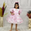 Kız Çocuk Pembe Fiyonk Deseenli Kabarık Elbise Abiye Gelinlik