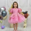 Kız Çocuk Pembe Boncuklu Payetli Kabarık Kısa Balon Kol Elbise