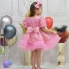 Kız Çocuk Pembe Boncuklu Payetli Kabarık Kısa Balon Kol Elbise