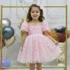 Kız Çocuk Pembe Çiçekli Boncuklu Kabarık Elbise