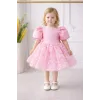 Kız Çocuk Pembe Çiçekli Parıltılı Kabarık Elbise