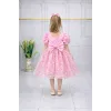 Kız Çocuk Pembe Çiçekli Parıltılı Kabarık Elbise