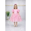 Kız Çocuk Pembe Çiçekli Parıltılı Kabarık Elbise