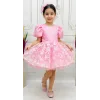Kız Çocuk Pembe Çiçekli Parıltılı Kabarık Elbise