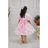 Kız Çocuk Pembe Fiyonk Deseenli Kabarık Elbise Abiye Gelinlik