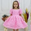 Kız Çocuk Pembe Gül Desenli Kısa Balon Kol Kabarık Elbise