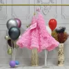 Kız Çocuk Pembe Şeffaf Gül Desenli Uzun Kol Kabarık Elbise