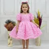 Kız Çocuk Pembe Gül Desenli Kısa Balon Kol Kabarık Elbise