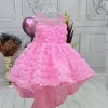 Kız Çocuk Pembe Gül Desenli Kuyruklu Sıfır Kol Elbise Abiye