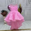 Kız Çocuk Pembe Gül Desenli Kuyruklu Sıfır Kol Elbise Abiye