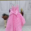 Kız Çocuk Pembe Gül Desenli Kuyruklu Sıfır Kol Elbise Abiye