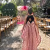 Kız Çocuk Siyah Pembe Gül Desenli Kuyruklu Sıfır Kol Elbise Abiye