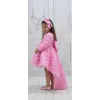 Kız Çocuk Pembe Gül Desenli Kuyruklu Uzun Kol Elbise Abiye