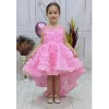 Kız Çocuk Pembe Gül Düğmeli Desenli Kuyruklu Sıfır Kol Elbise Abiye
