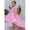 Kız Çocuk Pembe Gül Düğmeli Desenli Kuyruklu Sıfır Kol Elbise Abiye