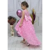 Kız Çocuk Pembe Gül Düğmeli Desenli Kuyruklu Sıfır Kol Elbise Abiye