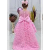 Kız Çocuk Pembe Gül Düğmeli Desenli Kuyruklu Sıfır Kol Elbise Abiye
